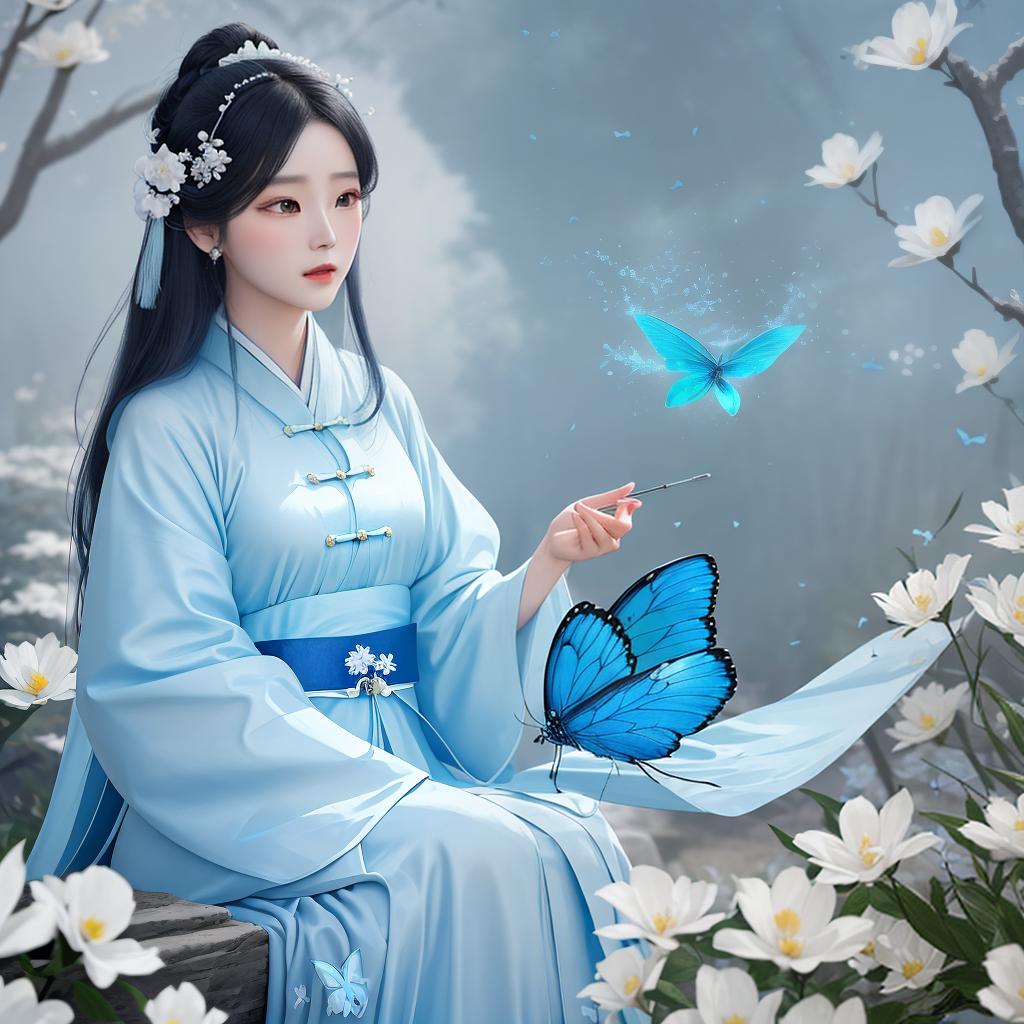  masterpiece, best quality, (Fidelity: 1.4), Best Quality, Masterpiece, Ultra High Resolution, Poster, Fantasy Art, Very Detailed Faces, 8k resolution, Chinese Style, An woman, Side Face, Quiet, Light Blue Hanfu, Tulle Coat, Long Black Hair, Light Blue Fringed Hair Ornament, Hairpin, White Ribbon, White Flower Bush, Light Blue Butterfly Flying, cinematic lighting effects,Ancient Chinese beauty meditates