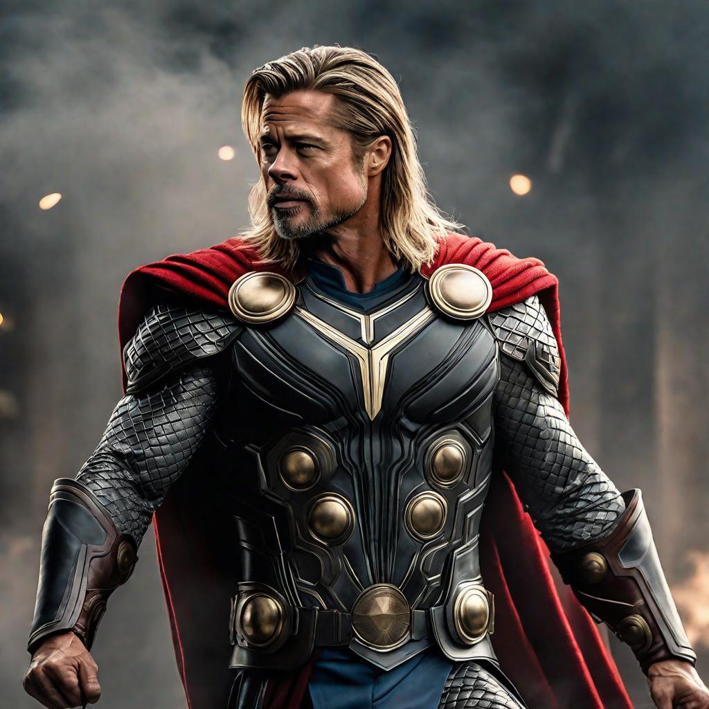  Brad Pitt as Thor hyperrealistic, full body, detailed clothing, highly detailed, cinematic lighting, stunningly beautiful, intricate, sharp focus, f/1. 8, 85mm, (centered image composition), (professionally color graded), ((bright soft diffused light)), volumetric fog, trending on instagram, trending on tumblr, HDR 4K, 8K