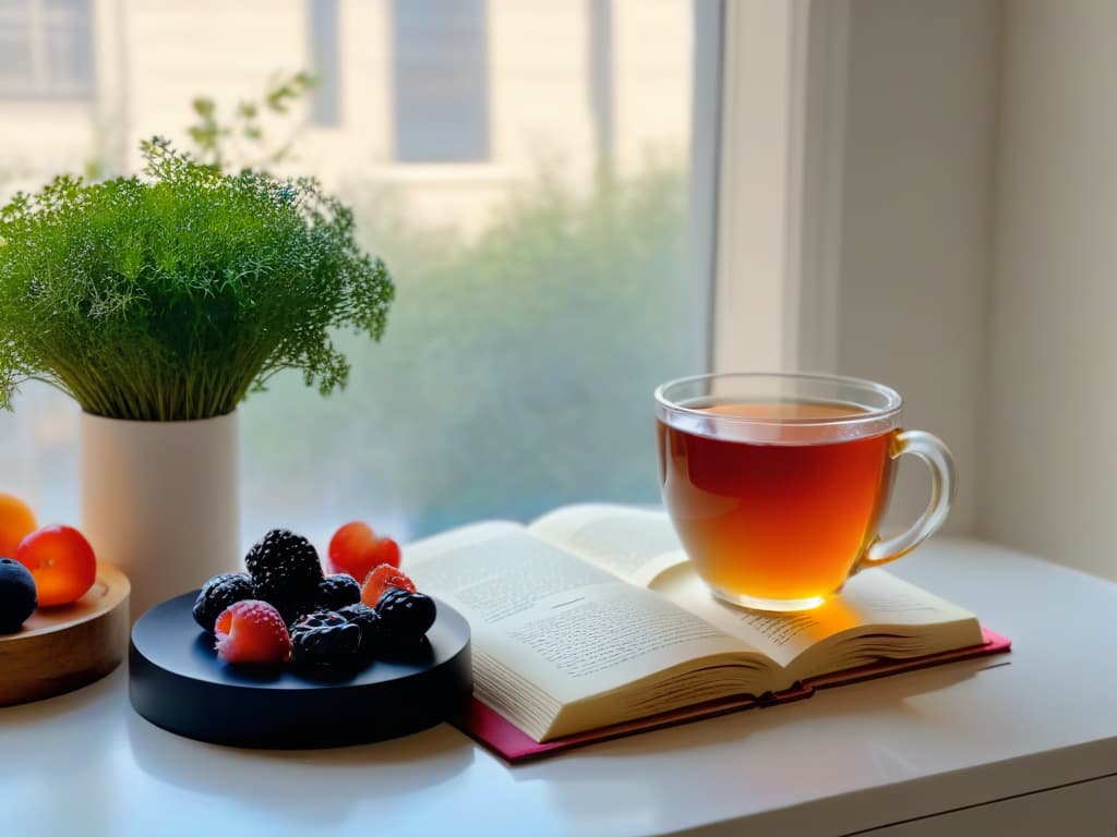  A highresolution, minimalist image of a serene kitchen countertop with a neatly arranged stack of colorful mindfulnessthemed recipe books, a scattering of fresh ingredients like berries and herbs, and a steaming cup of herbal tea in a delicate, elegant teacup placed next to a sleek, modern cookbook stand. The soft natural light filtering through a nearby window casts a gentle, inviting glow over the scene, creating a calming and inspirational atmosphere perfect for blending the worlds of baking and mindfulness. hyperrealistic, full body, detailed clothing, highly detailed, cinematic lighting, stunningly beautiful, intricate, sharp focus, f/1. 8, 85mm, (centered image composition), (professionally color graded), ((bright soft diffused light)), volumetric fog, trending on instagram, trending on tumblr, HDR 4K, 8K