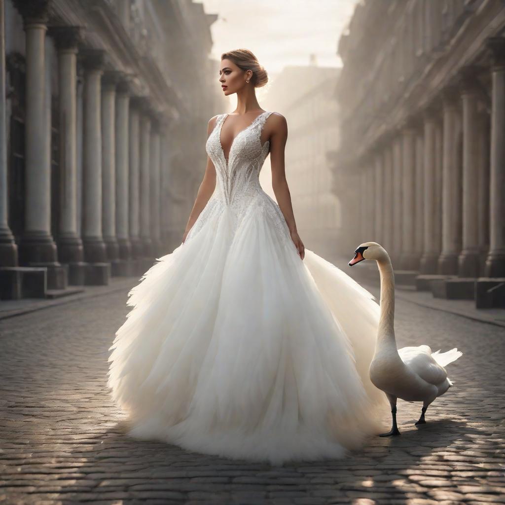  white swan dress hyperrealistic, full body, detailed clothing, highly detailed, cinematic lighting, stunningly beautiful, intricate, sharp focus, f/1. 8, 85mm, (centered image composition), (professionally color graded), ((bright soft diffused light)), volumetric fog, trending on instagram, trending on tumblr, HDR 4K, 8K