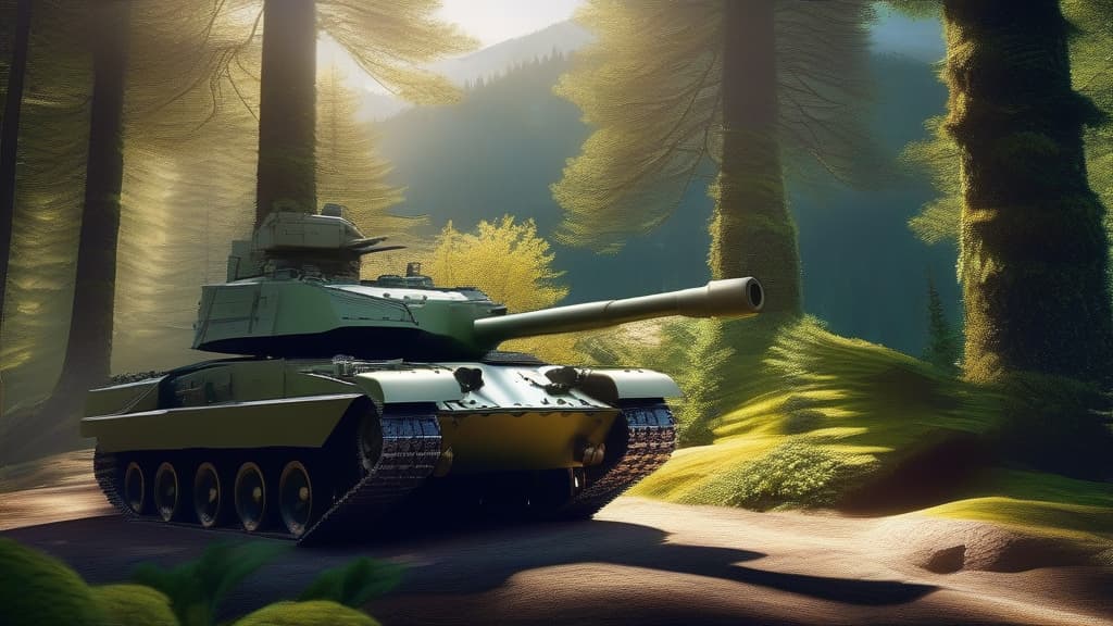  A armored tank.  The armored tank wa and had gr and moss on it.  The surroundings are full of forests and mountains.  Bright sunlight fell through the trees onto the armored tank. Resolution 8k realistic. , ((masterpiece)), best quality, very detailed, high resolution, sharp, sharp image, extremely detailed, 4k, 8k