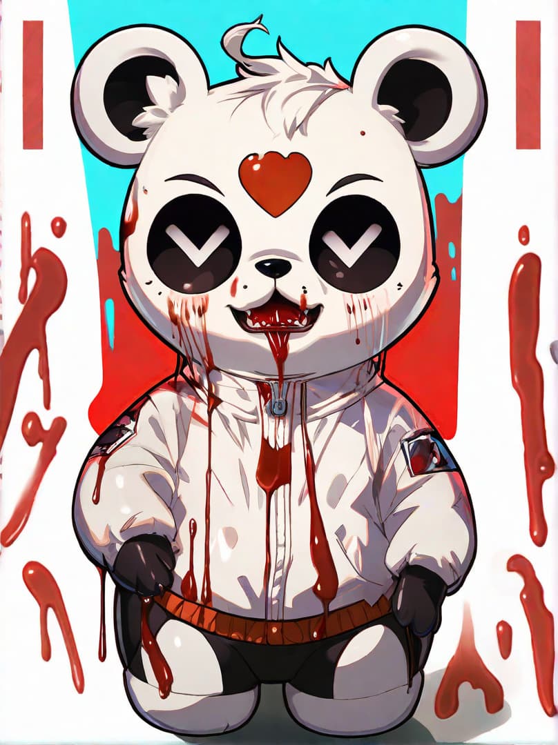  , a cute guilt robot bear, sticker, akira toriyama , white background,murder bear, bloody , dripping blood,bloody trump head on ground<lora:halloween-makeup:0.9380552704105101><lora:illustration-style:0.5895297976427594><lora:rionrtlora:0.16497424624977963><lora:margiela-ss24:0.35833211775159257> hyperrealistic, full body, detailed clothing, highly detailed, cinematic lighting, stunningly beautiful, intricate, sharp focus, f/1. 8, 85mm, (centered image composition), (professionally color graded), ((bright soft diffused light)), volumetric fog, trending on instagram, trending on tumblr, HDR 4K, 8K