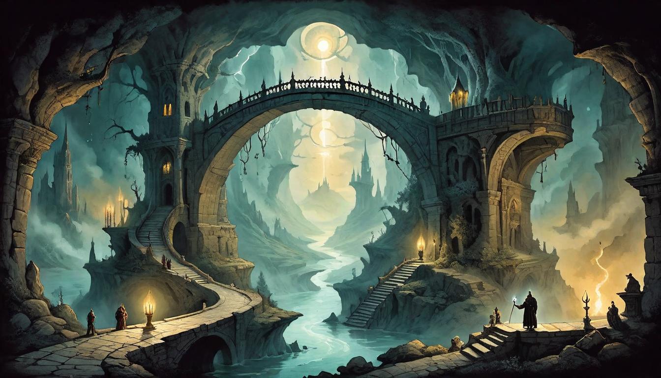  on parchment, surrealism+++, A bridge of light stretching across a dark chasm, connecting two realms, duty as a pathfinder, illuminating the shadowed world, bridging understanding, a conduit of enlightenment, destiny path(mysterious, provocative, symbolic,muted color)+++