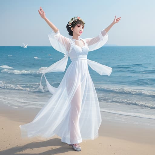  Beautiful , looks fine real, dancing, big s, big ocks, white transparent gauze clothes, can see the body, seaside, fine,