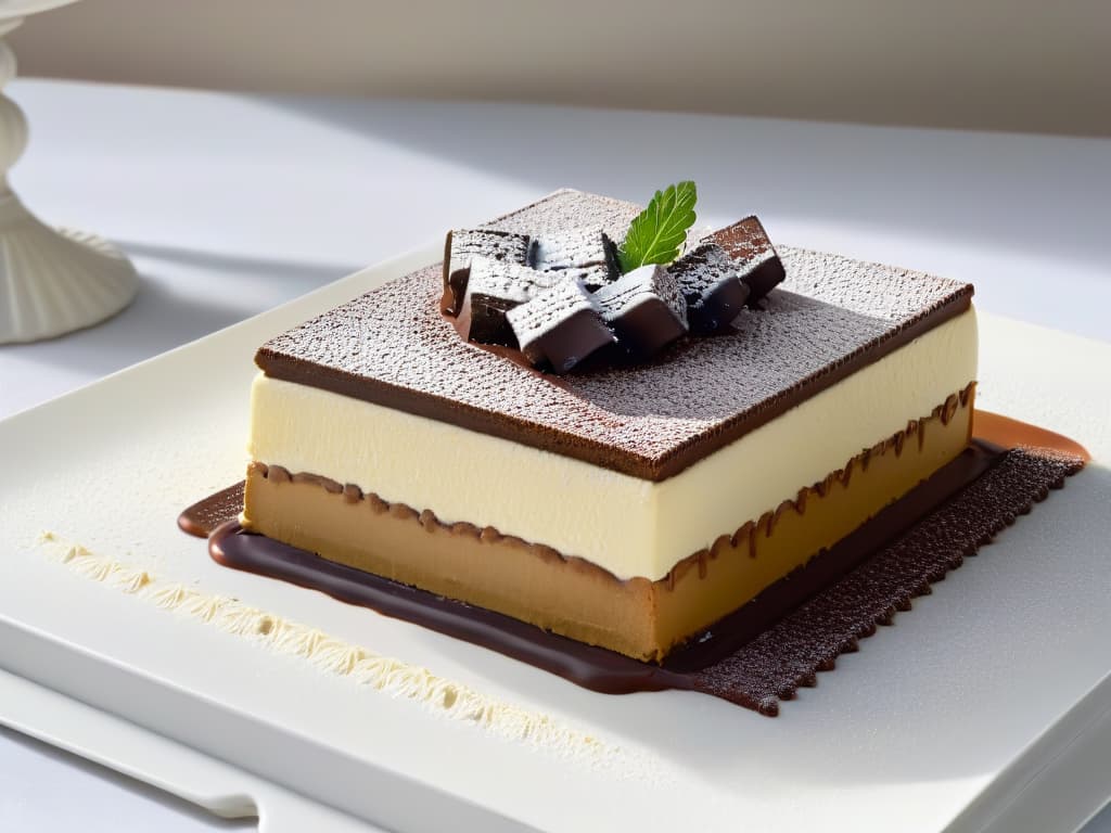  An ultradetailed closeup image of a decadent tiramisú dessert in a modern, minimalistic presentation. The focus is on the layers of creamy mascarpone cheese, espressosoaked ladyfingers, and a dusting of rich cocoa powder on top. The dessert is elegantly served on a sleek, white plate, with a subtle reflection adding a touch of sophistication to the composition. Each detail, from the delicate textures of the dessert to the subtle shadows cast by the ambient lighting, is captured with stunning clarity and precision, inviting the viewer to savor the essence of this iconic Italian treat. hyperrealistic, full body, detailed clothing, highly detailed, cinematic lighting, stunningly beautiful, intricate, sharp focus, f/1. 8, 85mm, (centered image composition), (professionally color graded), ((bright soft diffused light)), volumetric fog, trending on instagram, trending on tumblr, HDR 4K, 8K