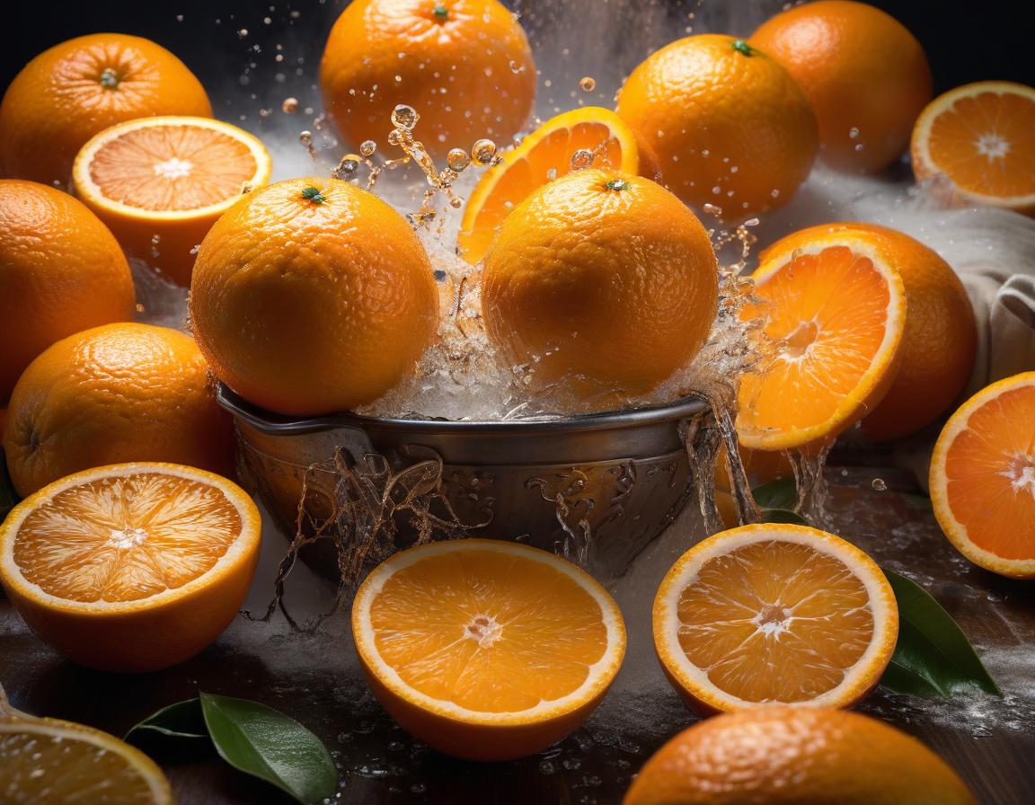  Oranges burst, their juice splashes around. hyperrealistic, full body, detailed clothing, highly detailed, cinematic lighting, stunningly beautiful, intricate, sharp focus, f/1. 8, 85mm, (centered image composition), (professionally color graded), ((bright soft diffused light)), volumetric fog, trending on instagram, trending on tumblr, HDR 4K, 8K