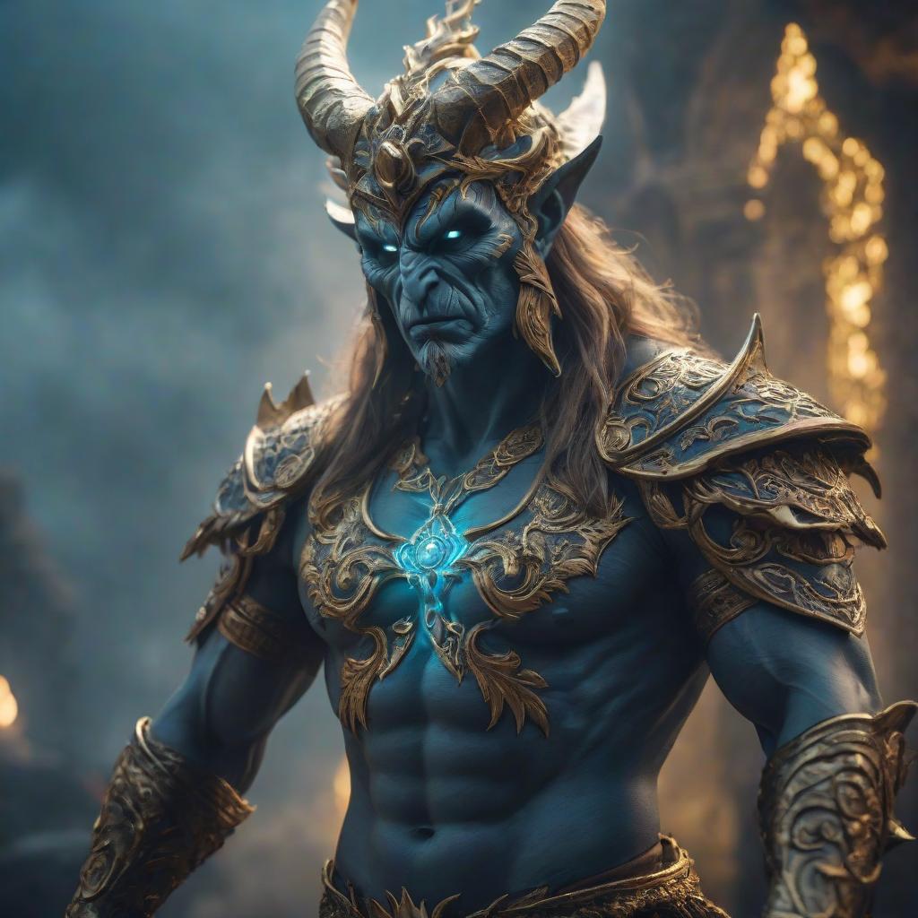  The earth god is a fantastical demon. hyperrealistic, full body, detailed clothing, highly detailed, cinematic lighting, stunningly beautiful, intricate, sharp focus, f/1. 8, 85mm, (centered image composition), (professionally color graded), ((bright soft diffused light)), volumetric fog, trending on instagram, trending on tumblr, HDR 4K, 8K