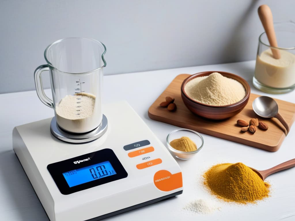  An image of a pristine white kitchen countertop with a sleek, modern digital kitchen scale displaying precise measurements of whole grain flour, almond flour, and a small bowl of yeast. Next to the scale, there are neatly arranged stainless steel measuring spoons, a clear glass pitcher filled with water, and a wooden spoon. The lighting is soft, casting gentle shadows and highlighting the minimalist, organized setup, conveying a sense of precision and thoughtful preparation for diabeticfriendly baking. hyperrealistic, full body, detailed clothing, highly detailed, cinematic lighting, stunningly beautiful, intricate, sharp focus, f/1. 8, 85mm, (centered image composition), (professionally color graded), ((bright soft diffused light)), volumetric fog, trending on instagram, trending on tumblr, HDR 4K, 8K