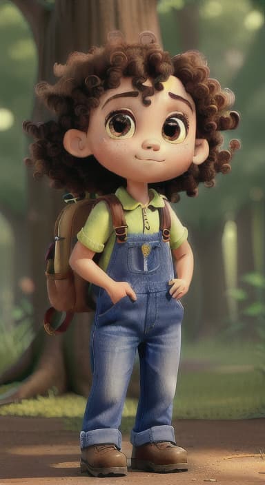  {The tree with a twinkling eye, while its leaves gently rustle., Riley, a curious with big brown eyes and curly hair, wearing overalls and carrying a small backpack. Their friend, Skye, a bluebird with shiny feathers.