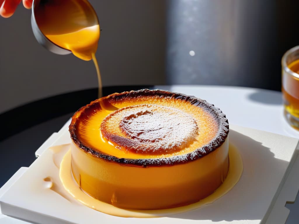  An ultradetailed closeup image of a perfectly goldenbrown crème brûlée being torched to achieve the signature caramelized sugar crust. The torch flame delicately dances over the surface, creating a mesmerizing contrast of colors and textures. The creamy custard base peeks through the crackling sugar, highlighting the mastery of the brûlée technique. Every tiny bubble on the surface is visible, capturing the precise moment of transformation from dessert to culinary art. hyperrealistic, full body, detailed clothing, highly detailed, cinematic lighting, stunningly beautiful, intricate, sharp focus, f/1. 8, 85mm, (centered image composition), (professionally color graded), ((bright soft diffused light)), volumetric fog, trending on instagram, trending on tumblr, HDR 4K, 8K