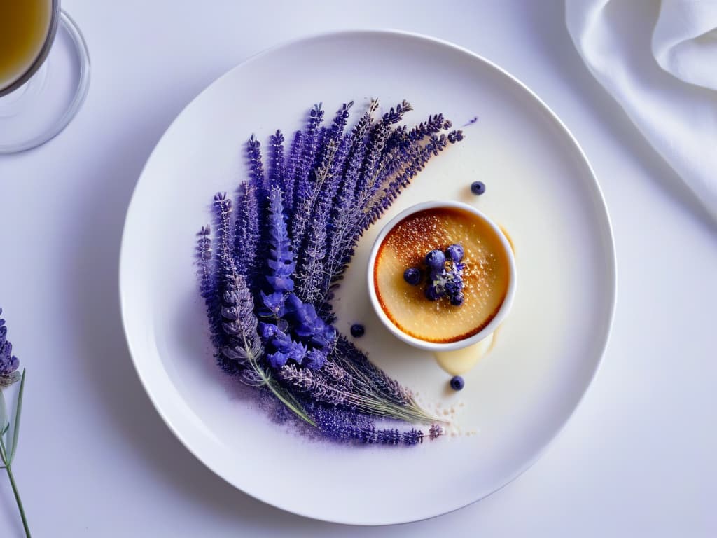  An exquisite closeup image of a delicate lavenderinfused crème brûlée, perfectly caramelized on top with a sprinkle of fresh lavender buds as a garnish, placed on a sleek, modern white dessert plate. The creamy texture of the custard contrasts beautifully with the crunchy caramelized sugar, and the soft purple hues of the lavender create a visually stunning and appetizing composition. hyperrealistic, full body, detailed clothing, highly detailed, cinematic lighting, stunningly beautiful, intricate, sharp focus, f/1. 8, 85mm, (centered image composition), (professionally color graded), ((bright soft diffused light)), volumetric fog, trending on instagram, trending on tumblr, HDR 4K, 8K