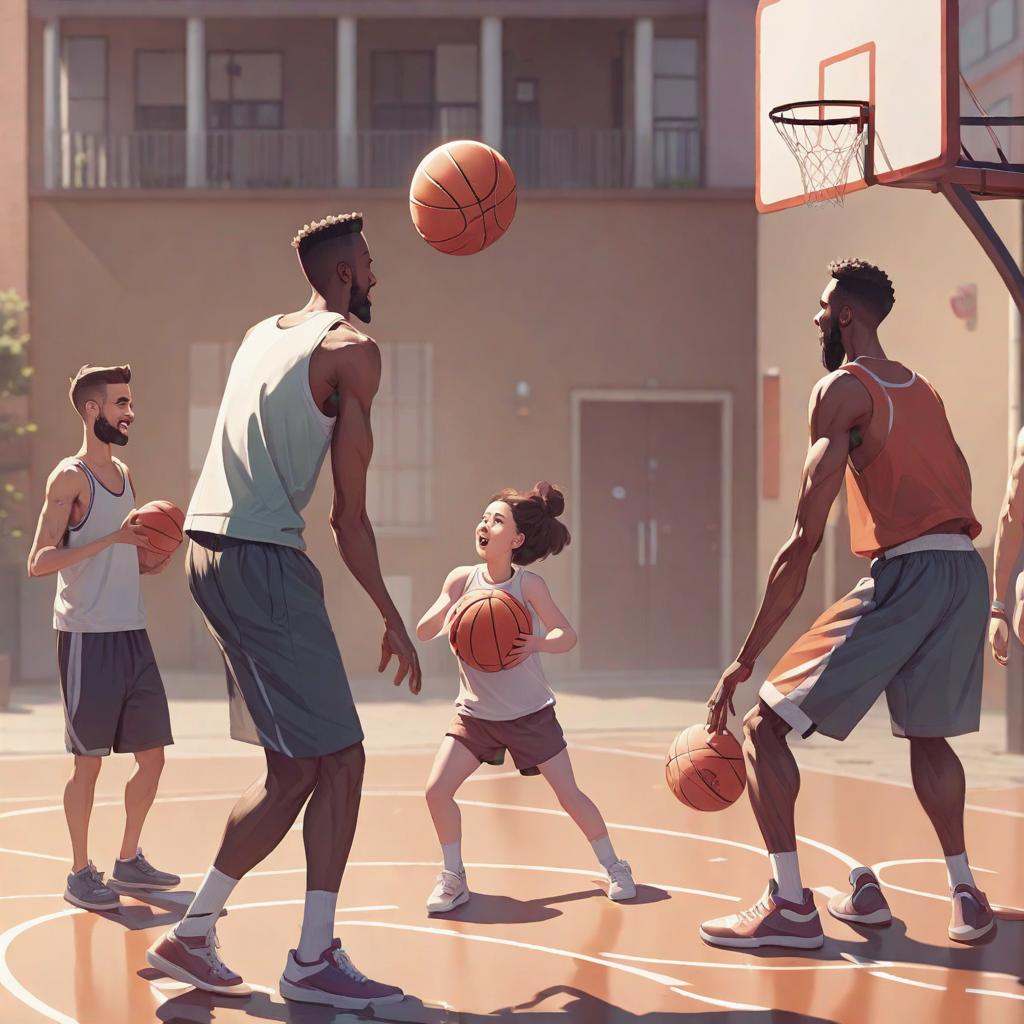  a group of man are playing basketball. A woman is watching with her baby