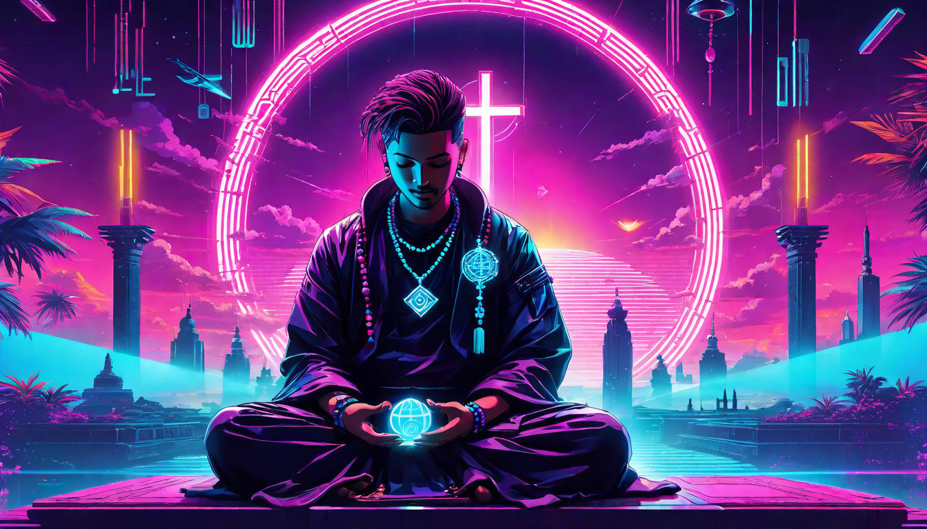  vaporwave,cyberpunk game style A person in meditation with prayer beads, symbols glowing around, tranquil and focusedeon, dystopian, futuristic, digital, vibrant, detailed, high contrast, reminiscent of cyberpunk genre video games,retro aesthetic, cyberpunk, vibrant, neon colors, vintage 80s and 90s style, highly detailed