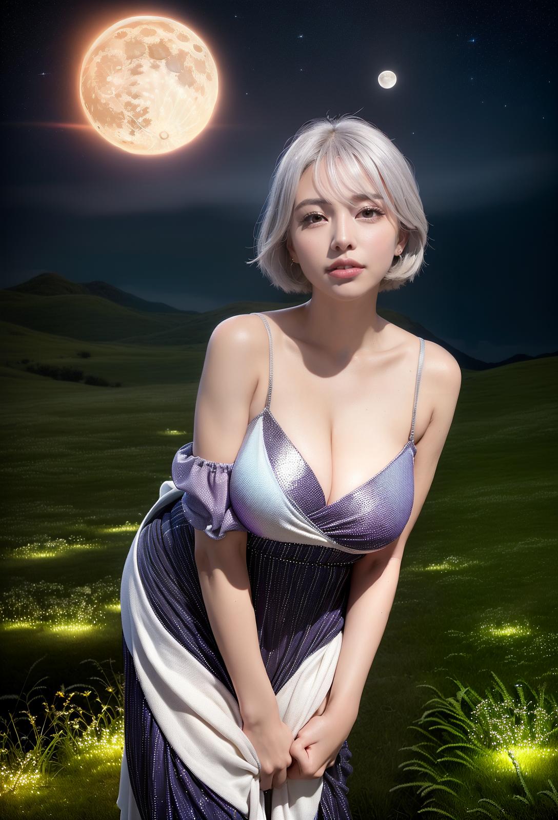  Highest quality, 4K, high resolution, realistic, night sky, moon, star, beautiful woman, full time smile, big eyes, plump breasts, narrow waist, outstanding style, narrow ankle, wide landscape photo , Light Silver colored hair, (seen from below, the sky is above, and the open field is below), a beautiful woman standing up in the flower garden, (full moon: 1.2), (meteor: 0.9), (star cloud : 1.3), distant mountains, trees destroy art, (warm light: 1.2), (fireflies: 1.2), light, purple and orange, complex details, volumetric lighting break (masterpiece: 1.2), (( Maximum quality), 4K, super detail, (dynamic configuration: 1.4), rich colors, (rainbow color: 1.2), (shine, lighting with atmosphere), dreamy, magic, (alone : 1.2), (Masterpiece, B