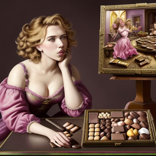  Attractive happy Scarlett Johansson (colorful desiner dress)(pink cheeks)(Baroque lighting)(Superrealism)(painted in the style of Édouard Manet)(Foreground: open box of fine dark chocolates on a small serving table)