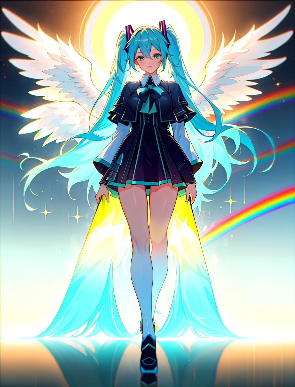  Rainbow Hatsune Miku. Angel vibes. Lots of colors , hyperrealistic, full body, detailed clothing, highly detailed, cinematic lighting, stunningly beautiful, intricate, sharp focus, f/1. 8, 85mm, (centered image composition), (professionally color graded), ((bright soft diffused light)), volumetric fog, trending on instagram, trending on tumblr, HDR 4K, 8K hyperrealistic, full body, detailed clothing, highly detailed, cinematic lighting, stunningly beautiful, intricate, sharp focus, f/1. 8, 85mm, (centered image composition), (professionally color graded), ((bright soft diffused light)), volumetric fog, trending on instagram, trending on tumblr, HDR 4K, 8K