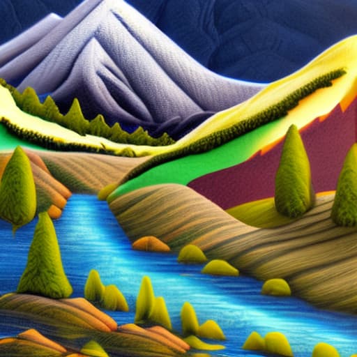 wa-vy style mountains with stream in valley and trees