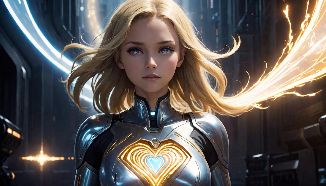  1girl, large busted attractive blonde arian female humanoid, casting light from her heart, illuminating the path for many. Beacon of spiritual enrichment, heart shaped rays, guiding lights, personal enlightenment fueling collective consciousness, inspiring advance., high tech clothing clad in sleek, futuristic costume with metallic accents and form fitting designs, marvel superhero comics style, unreal engine rendering