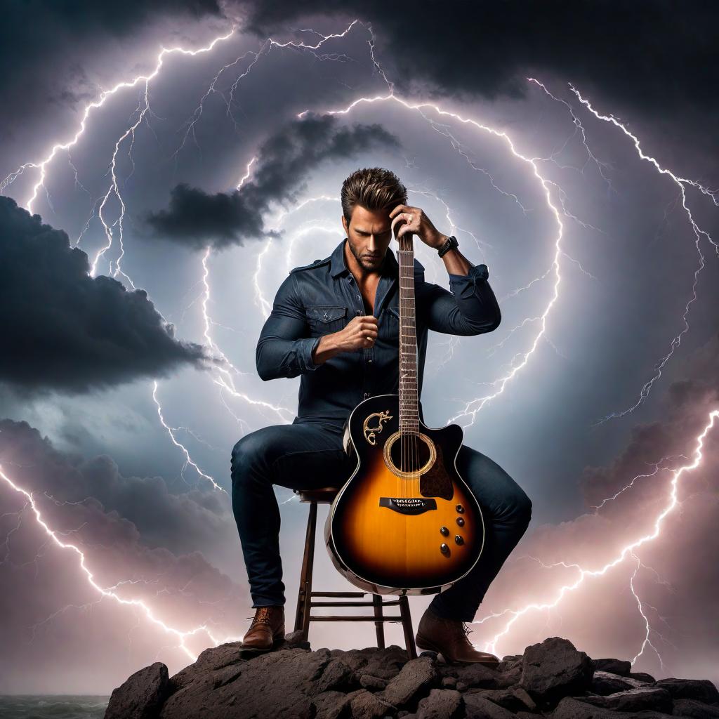  Eye of the hurricane with a guitar. Show the calm center of the storm with swirling dark clouds around it, and place a guitar in the middle of the eye. The guitar should look striking and stand out against the backdrop, possibly with lightning bolts and rain around the edges to emphasize the intense weather outside the calm center. hyperrealistic, full body, detailed clothing, highly detailed, cinematic lighting, stunningly beautiful, intricate, sharp focus, f/1. 8, 85mm, (centered image composition), (professionally color graded), ((bright soft diffused light)), volumetric fog, trending on instagram, trending on tumblr, HDR 4K, 8K