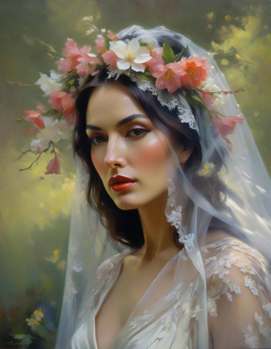  impressionist painting A portrait of a woman with flowers in her hair, intense eyes, surrounded by a veil and ethereal blossoms. . loose brushwork, vibrant color, light and shadow play, captures feeling over form hyperrealistic, full body, detailed clothing, highly detailed, cinematic lighting, stunningly beautiful, intricate, sharp focus, f/1. 8, 85mm, (centered image composition), (professionally color graded), ((bright soft diffused light)), volumetric fog, trending on instagram, trending on tumblr, HDR 4K, 8K