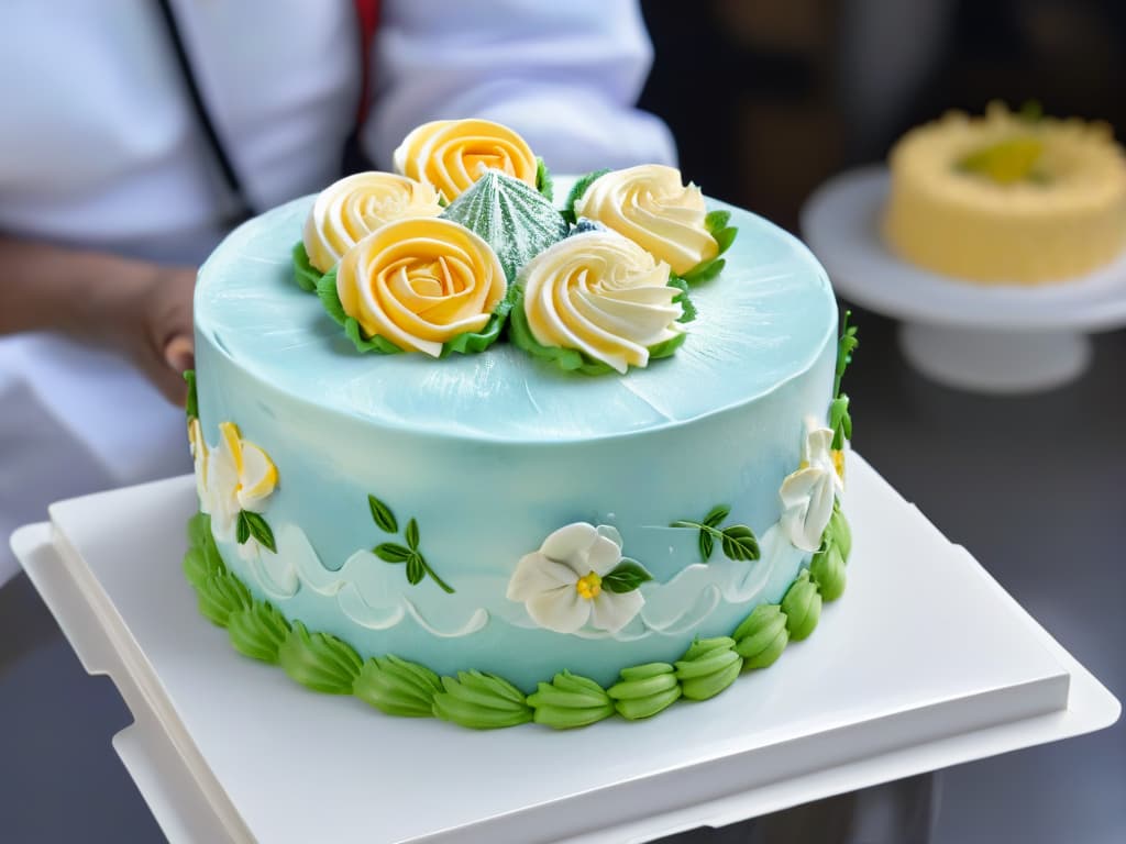  A closeup, ultradetailed image of a chef's hands meticulously piping delicate swirls of pastelcolored buttercream onto a perfectly frosted cake, with each intricate detail and texture of the frosting and piping tip clearly visible in stunning clarity. hyperrealistic, full body, detailed clothing, highly detailed, cinematic lighting, stunningly beautiful, intricate, sharp focus, f/1. 8, 85mm, (centered image composition), (professionally color graded), ((bright soft diffused light)), volumetric fog, trending on instagram, trending on tumblr, HDR 4K, 8K