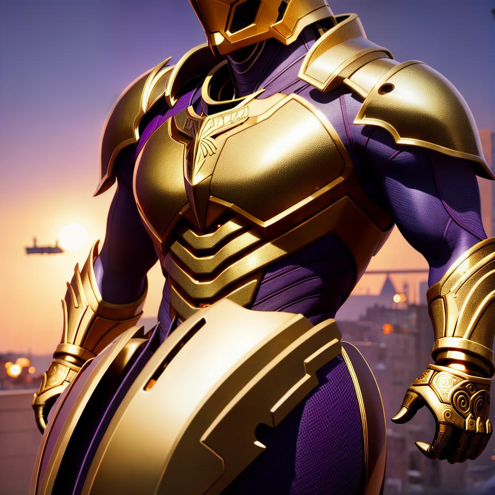  (high quality,4k,masterpiece:1.2),ultra-detailed,photorealistic,HDR,UHD,studio lighting,physically-based rendering,proportions and anatomy,shiny armor,painted textures,golden intricate details,purple