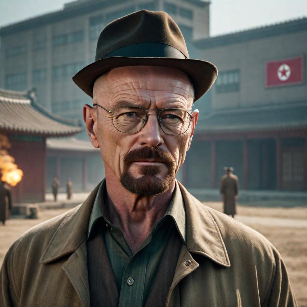  Walter White from Breaking Bad in North Korea. hyperrealistic, full body, detailed clothing, highly detailed, cinematic lighting, stunningly beautiful, intricate, sharp focus, f/1. 8, 85mm, (centered image composition), (professionally color graded), ((bright soft diffused light)), volumetric fog, trending on instagram, trending on tumblr, HDR 4K, 8K