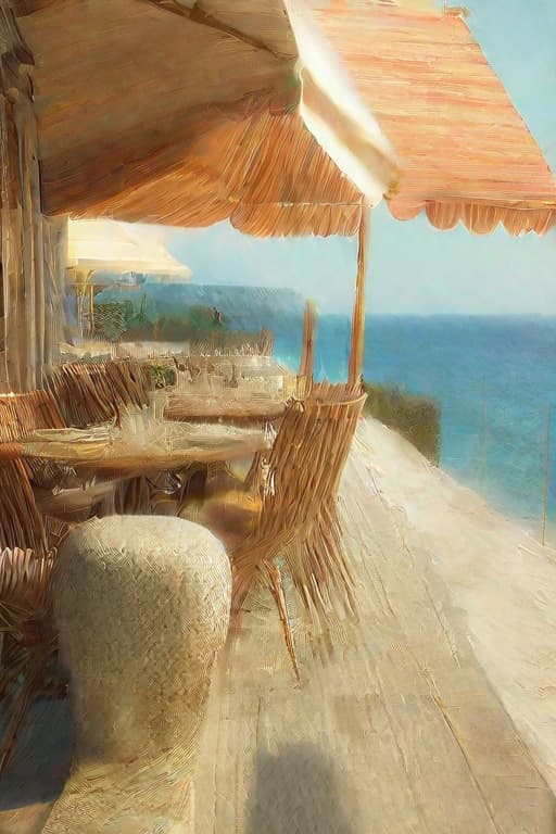  Elegant beachfront restaurant, viewed from the front with a spacious balcony on the left and a terrace with a sun umbrella on top. The setting is serene with a clear sky and gentle sea breeze. Captured in Editorial Photo style, with a focus on natural light and high resolution. (4k, best quality, masterpiece:1.2), ultrahigh res, highly detailed, sharp focus