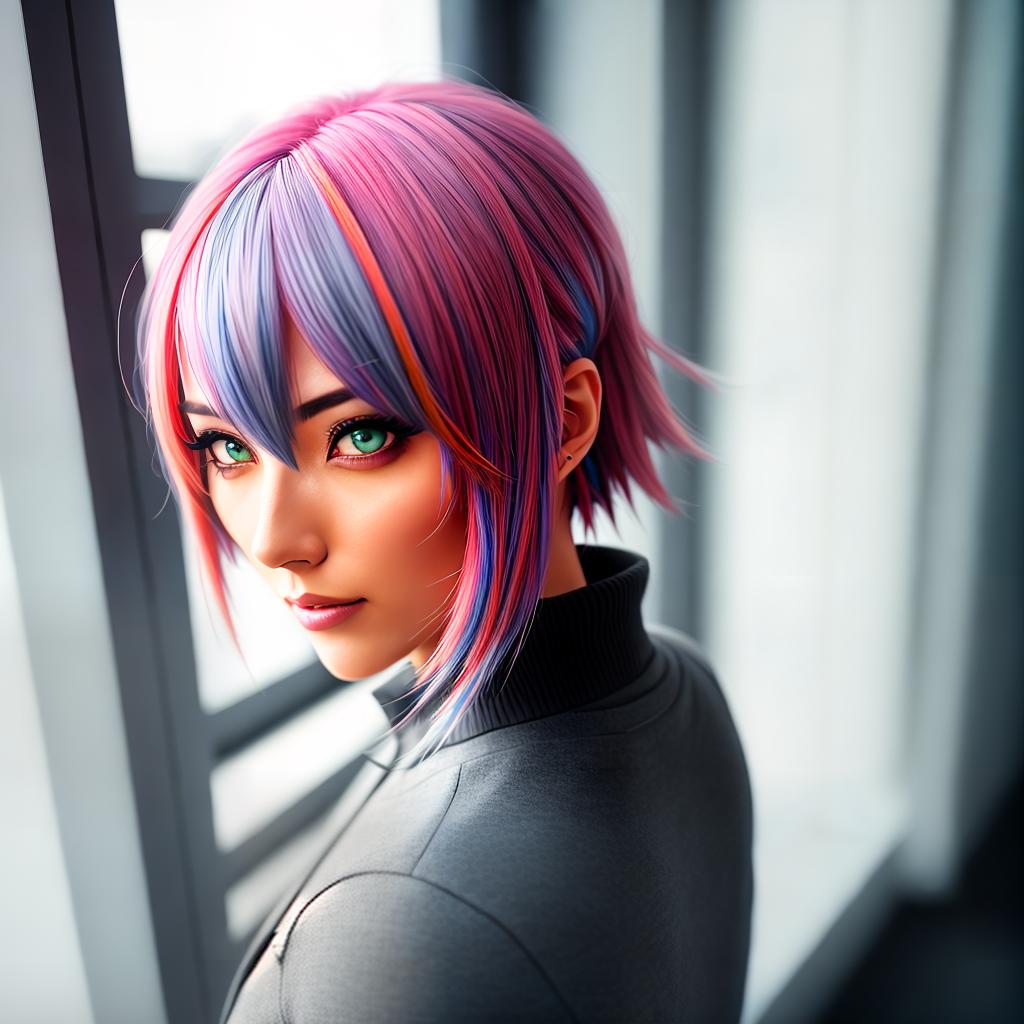  anime girl with multicolored hair and gray clothes looks thoughtfully at the light from the window, RTX, full hd, detailed hyperrealistic, full body, detailed clothing, highly detailed, cinematic lighting, stunningly beautiful, intricate, sharp focus, f/1. 8, 85mm, (centered image composition), (professionally color graded), ((bright soft diffused light)), volumetric fog, trending on instagram, trending on tumblr, HDR 4K, 8K