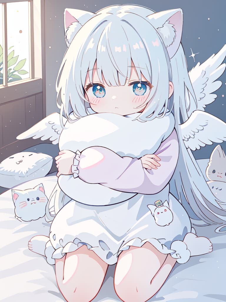  Angel rest, muffs, hugging Mofumofu cats, angels, cute, tired ~, masterpiece, best quality,8k,ultra detailed,high resolution,an extremely delicate and beautiful,hyper detail