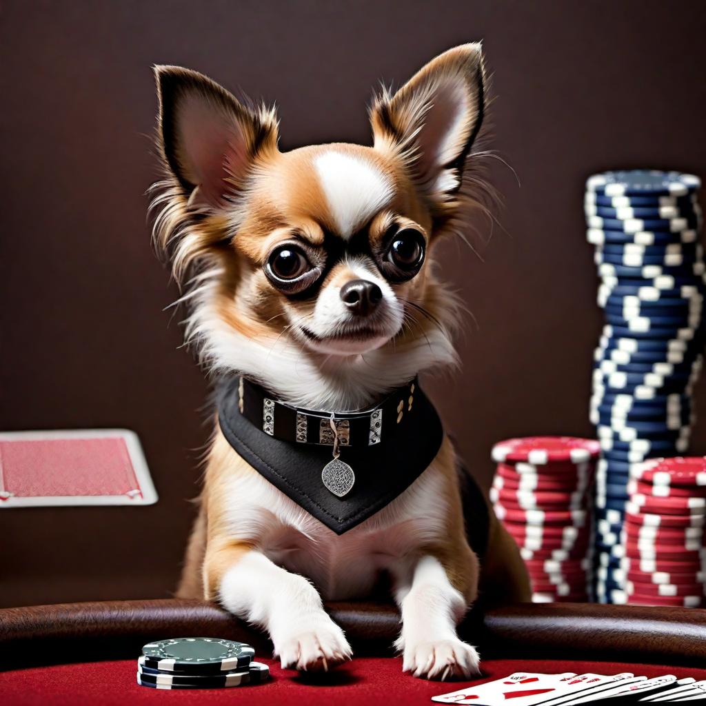  Create an image of a dog that looks like a long-haired Chihuahua with black, white, and brown colors, sitting at a poker table, playing cards. The dog has a serious, focused expression, typical of a poker player absorbed in the game. The Chihuahua should be holding playing cards in its paws, with poker chips and other gambling paraphernalia visible on the table, in a room that has a cozy yet competitive atmosphere, similar to what you would see in a poker game setting. hyperrealistic, full body, detailed clothing, highly detailed, cinematic lighting, stunningly beautiful, intricate, sharp focus, f/1. 8, 85mm, (centered image composition), (professionally color graded), ((bright soft diffused light)), volumetric fog, trending on instagram, trending on tumblr, HDR 4K, 8K