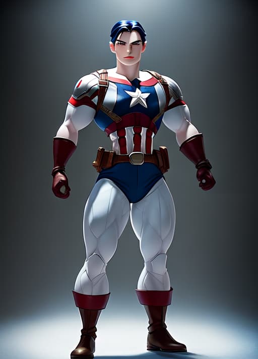  Create a full-body image of Snow White, maintaining her original clothing, but altering her body frame to match Captain America's male physique. Ensure the transformation is seamless and realistic, blending Snow White's classic attire with the muscular build of Captain America. Capture the essence of both characters in a single cohesive image.