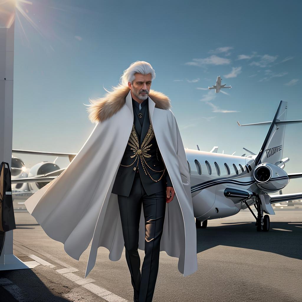  man at the road standing with private jet in the background hyperrealistic, full body, detailed clothing, highly detailed, cinematic lighting, stunningly beautiful, intricate, sharp focus, f/1. 8, 85mm, (centered image composition), (professionally color graded), ((bright soft diffused light)), volumetric fog, trending on instagram, trending on tumblr, HDR 4K, 8K