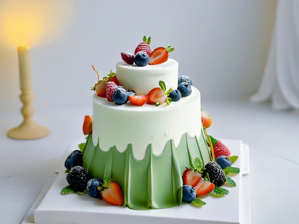  A highresolution image of a beautifully intricate Renaissanceinspired dessert spread on a simple, elegant white platter. The dessert features delicate sugar sculptures and edible gold leaf details, surrounded by fresh berries and mint leaves for a pop of color. The lighting is soft, casting gentle shadows to highlight the intricate craftsmanship of the desserts. hyperrealistic, full body, detailed clothing, highly detailed, cinematic lighting, stunningly beautiful, intricate, sharp focus, f/1. 8, 85mm, (centered image composition), (professionally color graded), ((bright soft diffused light)), volumetric fog, trending on instagram, trending on tumblr, HDR 4K, 8K