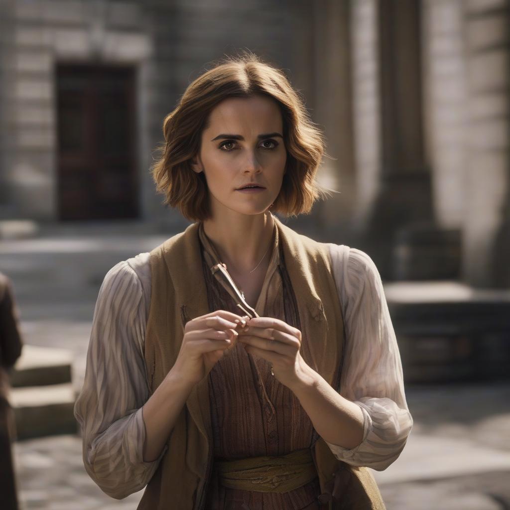  cinematic film still Emma Watson holds a pipe in her hands, with five fingers on them. . shallow depth of field, vignette, highly detailed, high budget, bokeh, cinemascope, moody, epic, gorgeous, film grain, grainy hyperrealistic, full body, detailed clothing, highly detailed, cinematic lighting, stunningly beautiful, intricate, sharp focus, f/1. 8, 85mm, (centered image composition), (professionally color graded), ((bright soft diffused light)), volumetric fog, trending on instagram, trending on tumblr, HDR 4K, 8K