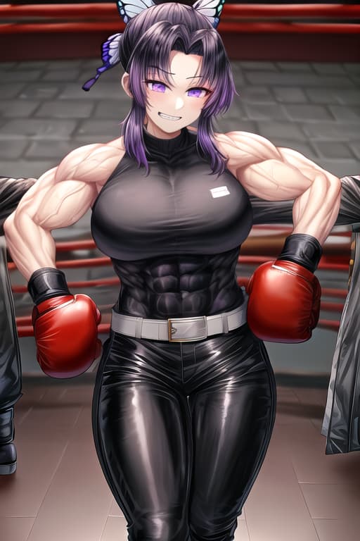  1 young asian women,muscular,big muscles,big biceps,leather jackett,black punk boots,black leather gloves,leather pants,strict,evil grin,black leather bedroom,boxing gloves,black leather jackett,masterpiece, best quality, kochou shinobu, multicolored hair, no bangs, hair intakes, purple eyes, forehead, black shirt, black pants, haori, butterfly, buttons, belt