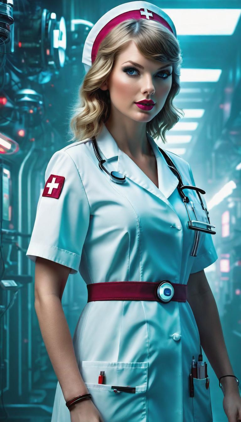  Cyberpunk style depiction of Taylor Swift as a nurse. The scene is set in a world where technology has advanced, but society and human conditions have not, creating a gritty, dystopian atmosphere. hyperrealistic, full body, detailed clothing, highly detailed, cinematic lighting, stunningly beautiful, intricate, sharp focus, f/1. 8, 85mm, (centered image composition), (professionally color graded), ((bright soft diffused light)), volumetric fog, trending on instagram, trending on tumblr, HDR 4K, 8K