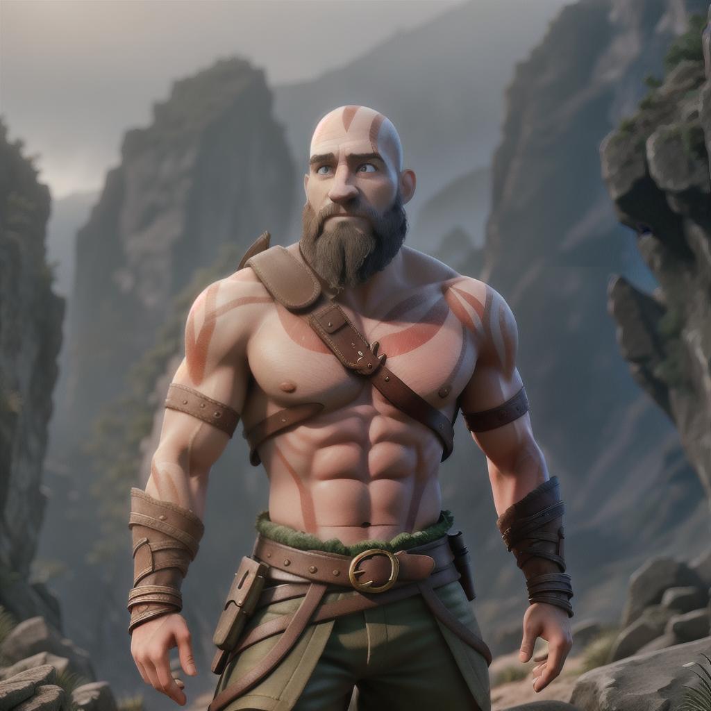  God of war hyperrealistic, full body, detailed clothing, highly detailed, cinematic lighting, stunningly beautiful, intricate, sharp focus, f/1. 8, 85mm, (centered image composition), (professionally color graded), ((bright soft diffused light)), volumetric fog, trending on instagram, trending on tumblr, HDR 4K, 8K