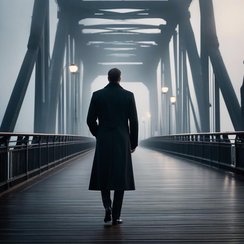  A tall man in a long black coat is standing on the bridge and looking far away. hyperrealistic, full body, detailed clothing, highly detailed, cinematic lighting, stunningly beautiful, intricate, sharp focus, f/1. 8, 85mm, (centered image composition), (professionally color graded), ((bright soft diffused light)), volumetric fog, trending on instagram, trending on tumblr, HDR 4K, 8K