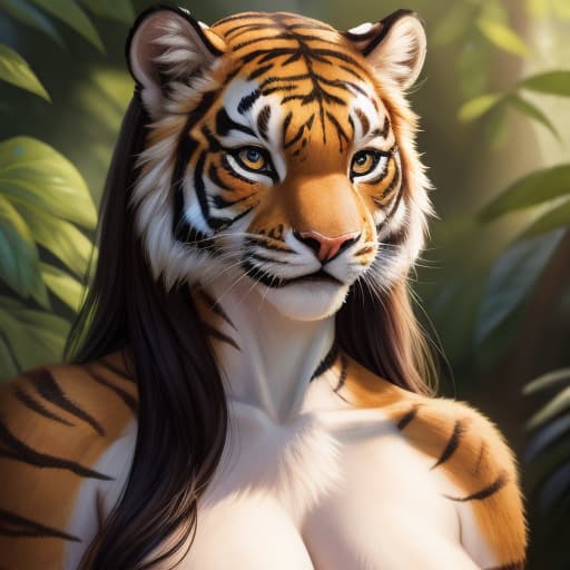  a realistic female humanoid tiger with a fit body, open eyes, digital art, masterpiece, 4k, fine details,