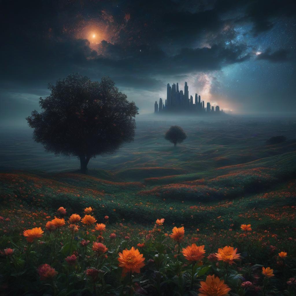  (stylized by Tomasz Alen Kopera:1.3) , dark art, dense flower field and Perseid meteor in background, landscape of a (Barcelona:1.2) , very Bizarre and 1600'S, Hurricane, Glitchcore, Amaro, layered textures, ornate, intricate artistic color, complimentary colors, very inspirational, atmosphere, fine artistic composition, sunny, theatrical hyperrealistic, full body, detailed clothing, highly detailed, cinematic lighting, stunningly beautiful, intricate, sharp focus, f/1. 8, 85mm, (centered image composition), (professionally color graded), ((bright soft diffused light)), volumetric fog, trending on instagram, trending on tumblr, HDR 4K, 8K