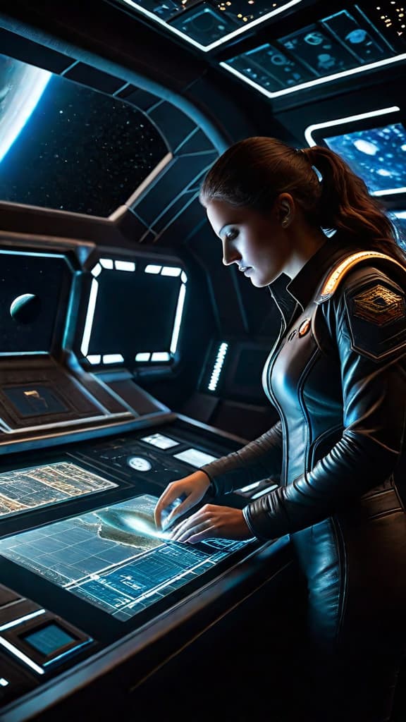  (A vast, dark expanse of space, with the sleek, futuristic starship Starbound gliding silently through the void. In the distance, an asteroid belt can be seen, illuminated by the glow of the mysterious artifact. A young female engineer, Alara, is shown intently studying the pulsating artifact, surrounded by holographic displays and control panels.) hyperrealistic, full body, detailed clothing, highly detailed, cinematic lighting, stunningly beautiful, intricate, sharp focus, f/1. 8, 85mm, (centered image composition), (professionally color graded), ((bright soft diffused light)), volumetric fog, trending on instagram, trending on tumblr, HDR 4K, 8K