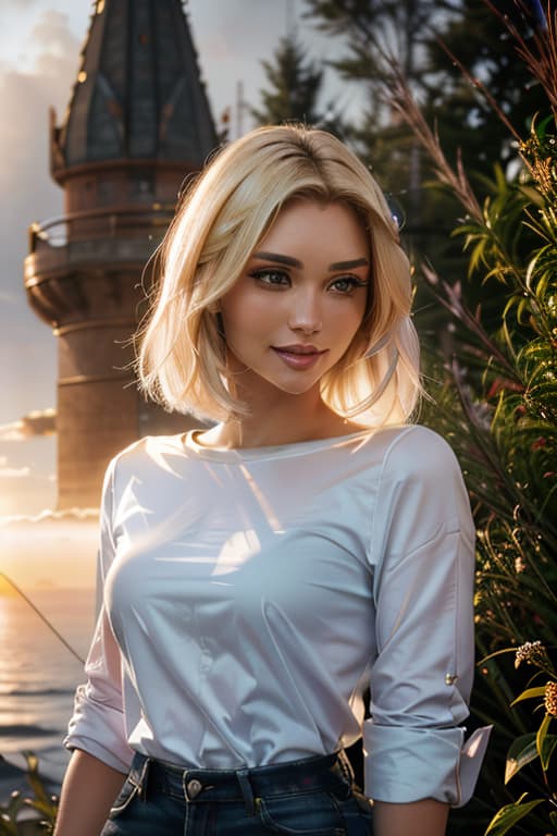  1girl,1girl,blonde short hair,straight hair,upper body shot,shirt,smile hyperrealistic, full body, detailed clothing, highly detailed, cinematic lighting, stunningly beautiful, intricate, sharp focus, f/1. 8, 85mm, (centered image composition), (professionally color graded), ((bright soft diffused light)), volumetric fog, trending on instagram, trending on tumblr, HDR 4K, 8K