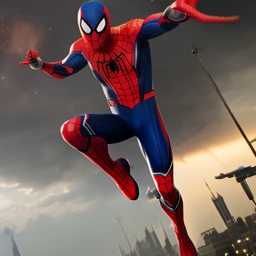 redshift style spider man flying in town hyperrealistic, full body, detailed clothing, highly detailed, cinematic lighting, stunningly beautiful, intricate, sharp focus, f/1. 8, 85mm, (centered image composition), (professionally color graded), ((bright soft diffused light)), volumetric fog, trending on instagram, trending on tumblr, HDR 4K, 8K