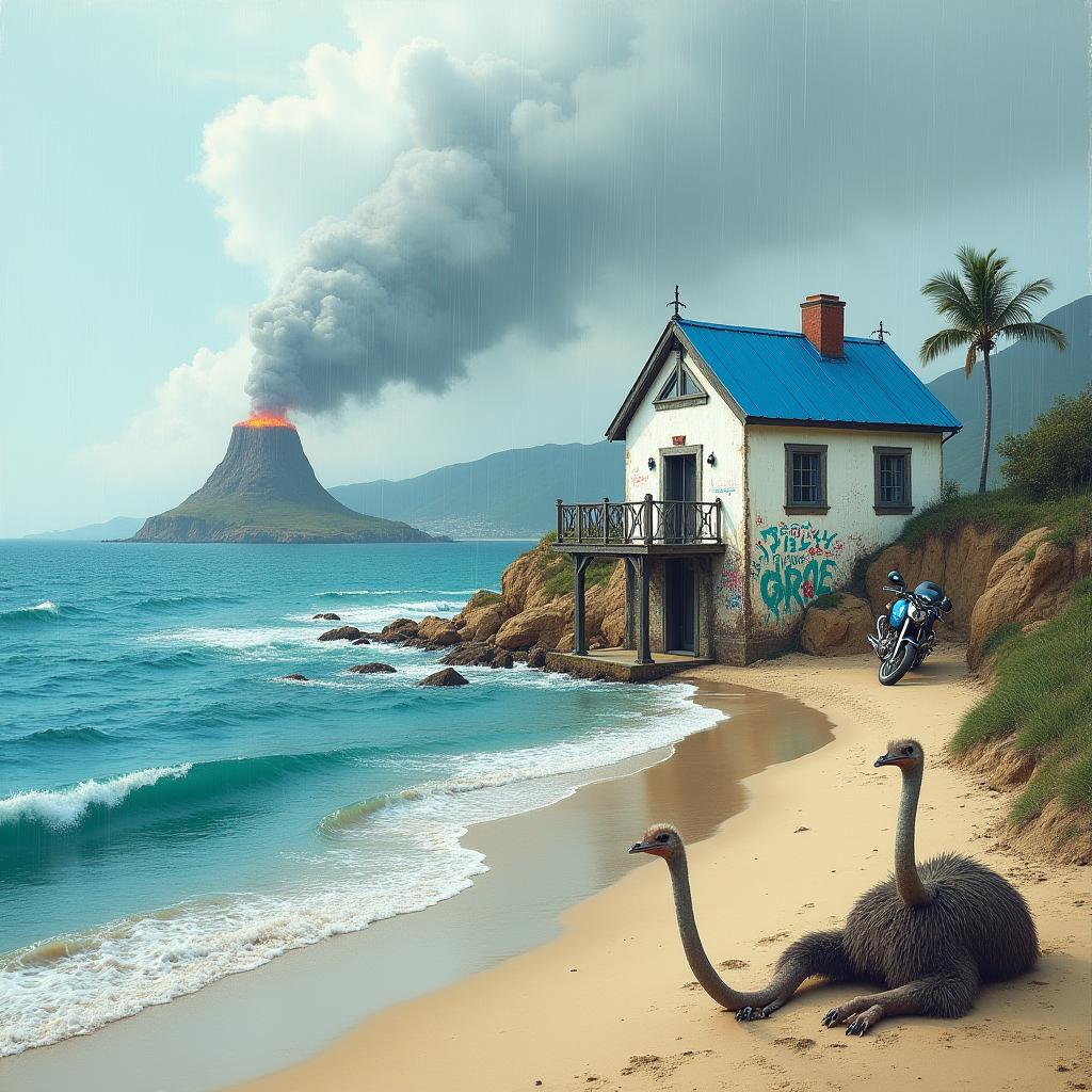  i want to see an island in the ocean, on the shore there is a chic white house with a blue roof and french windows, part of the wall of the house is decorated with graffiti in the style of banksy, next to the house is parked a dirt bike, the weather is rainy. in the background in the depths of the island a volcano is smoking. along the house goes a column of people dressed as yetis and playing different musical instruments, to the side an ostrich is buried in the sand.