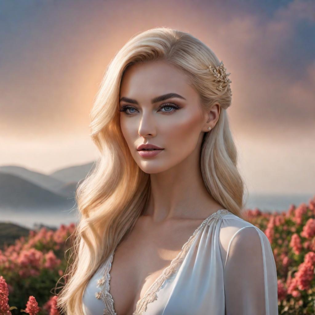  A stunning image of a person with blonde hair. The hair should look radiant and eye-catching, styled elegantly to reflect glamour and beauty. The person should appear confident and stylish, wearing clothing that covers the chest area modestly. hyperrealistic, full body, detailed clothing, highly detailed, cinematic lighting, stunningly beautiful, intricate, sharp focus, f/1. 8, 85mm, (centered image composition), (professionally color graded), ((bright soft diffused light)), volumetric fog, trending on instagram, trending on tumblr, HDR 4K, 8K