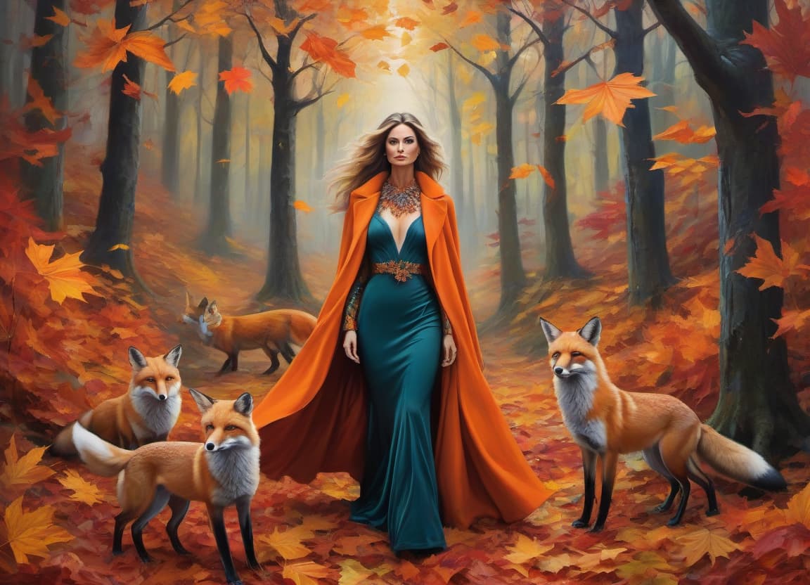  abstract expressionist painting A mystical woman adorned with autumn leaves and foxes in an enchanted forest. . energetic brushwork, bold colors, abstract forms, expressive, emotional hyperrealistic, full body, detailed clothing, highly detailed, cinematic lighting, stunningly beautiful, intricate, sharp focus, f/1. 8, 85mm, (centered image composition), (professionally color graded), ((bright soft diffused light)), volumetric fog, trending on instagram, trending on tumblr, HDR 4K, 8K