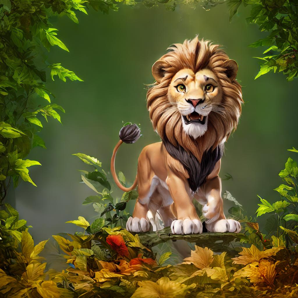  Lion in a lush, mystical forest with vibrant foliage and glowing mushrooms. The lion is regal and majestic, with piercing green eyes and a mane that shimmers in the soft, ethereal light. The background is hazy and dreamlike, with a misty atmosphere that adds to the fantastical feel. High detail and advanced detail processing for a stunning, photorealistic image. style RAW, best quality, ultrahigh resolution, highly detailed, (sharp focus), masterpiece, (centered image composition), (professionally color graded), ((bright soft diffused light)), trending on instagram, trending on tumblr, HDR 4K
