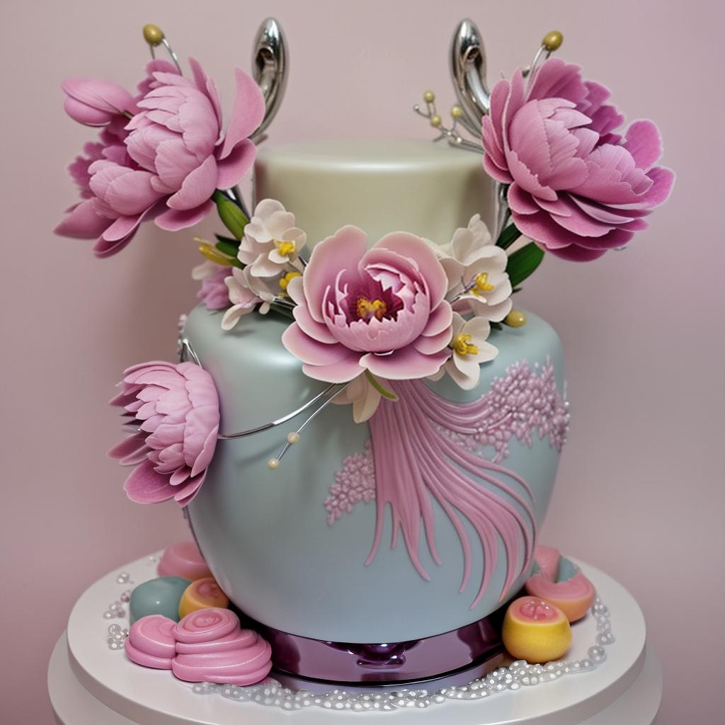  A magical creature designed in soft pastel colors, establishing a fantastical, dreamlike scene. This piece fuses sharp realistic details with elements of fantasy. Decorated with tones of orchid, peony pink, powder blue, olive, custard, melon, scarlet, obsidian, white, chrome, goldenrod, and mauve pink.