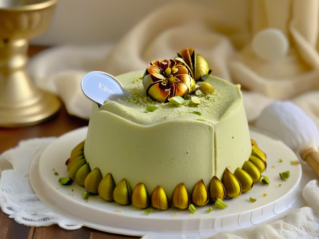  An intricately designed silver kulfi mold sitting on a bed of crushed pistachios, with a scoop of creamy saffroninfused kulfi resting gracefully on top. The light catches the delicate details of the mold, highlighting its traditional floral patterns, while the rich golden hue of the kulfi contrasts beautifully against the muted background. The image exudes elegance and authenticity, capturing the essence of the evolution of kulfi through the ages. hyperrealistic, full body, detailed clothing, highly detailed, cinematic lighting, stunningly beautiful, intricate, sharp focus, f/1. 8, 85mm, (centered image composition), (professionally color graded), ((bright soft diffused light)), volumetric fog, trending on instagram, trending on tumblr, HDR 4K, 8K